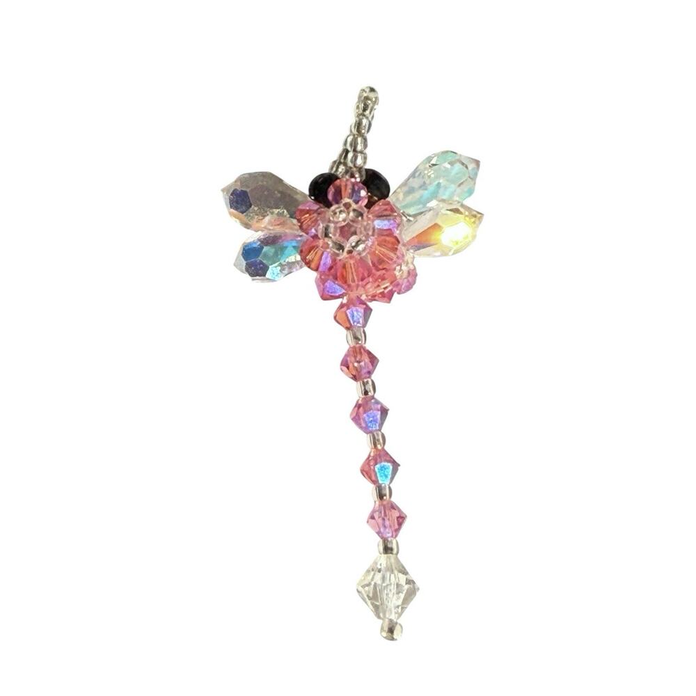 Dragonfly Faceted Beaded Pendant Aurora Borealis Handmade Pink - Picture 2 of 7
